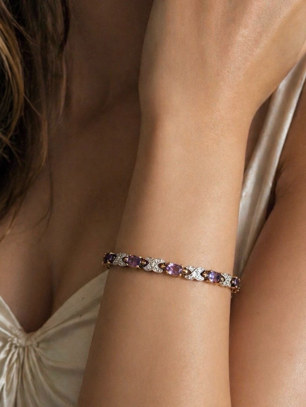 Gold Sterling Silver Amethyst Diamond Tennis Bracelet